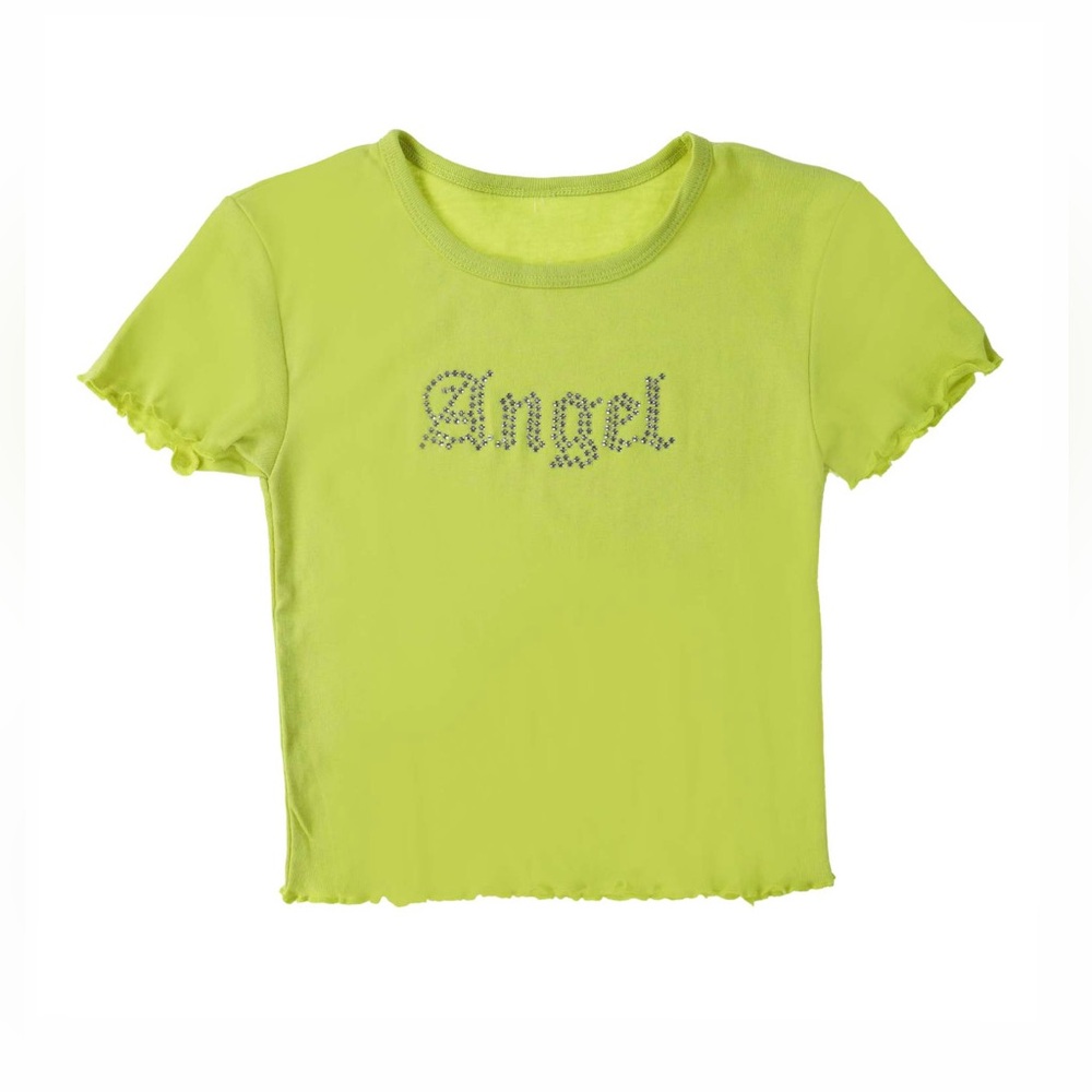 Angel Neon yellow Green cropped baby Tee with Rhinestone Design